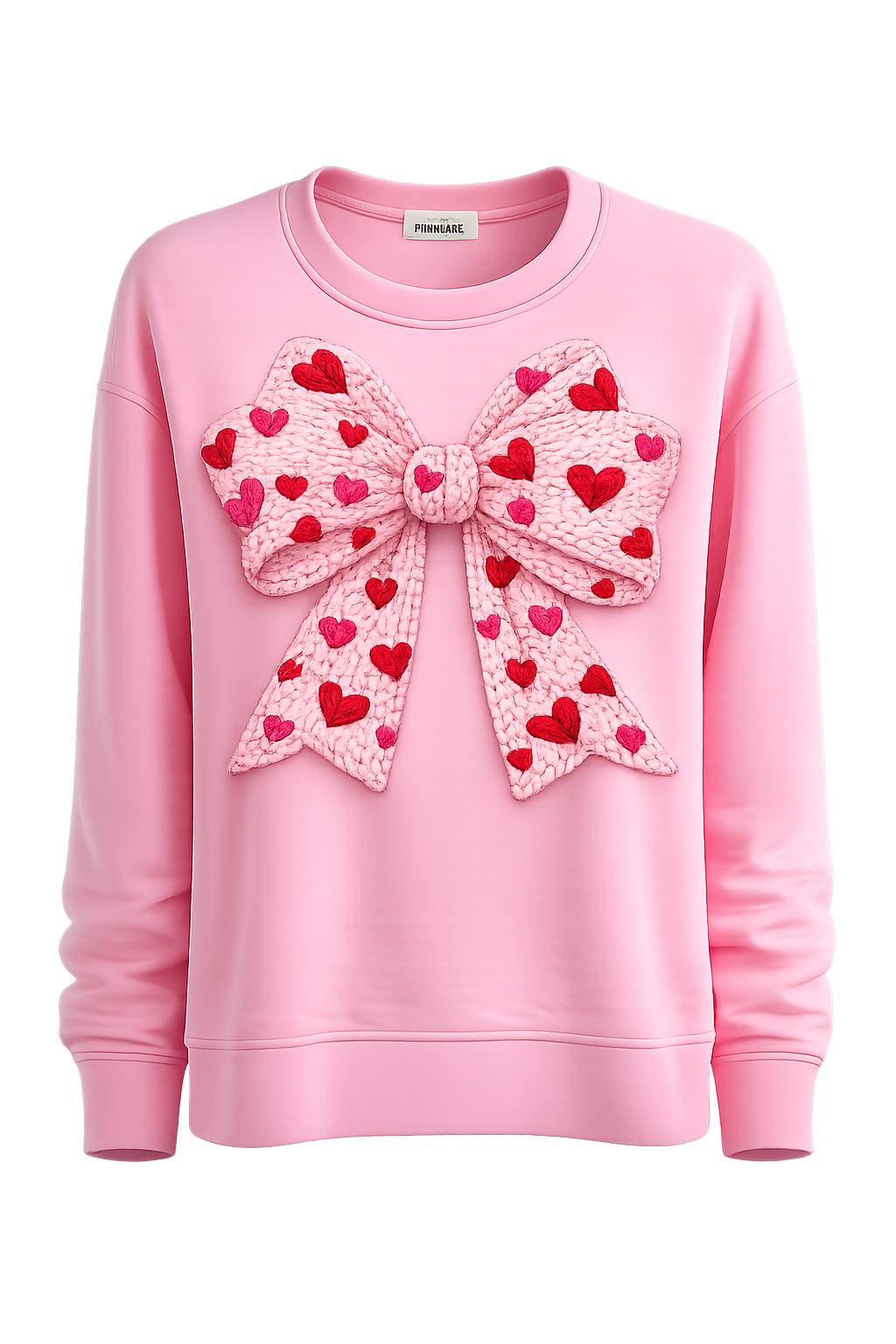 "Knitted Bow & Hearts" 3D-Effect Pink Sweatshirt