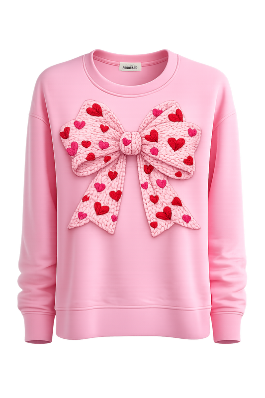 "Knitted Bow & Hearts" 3D-Effect Pink Sweatshirt